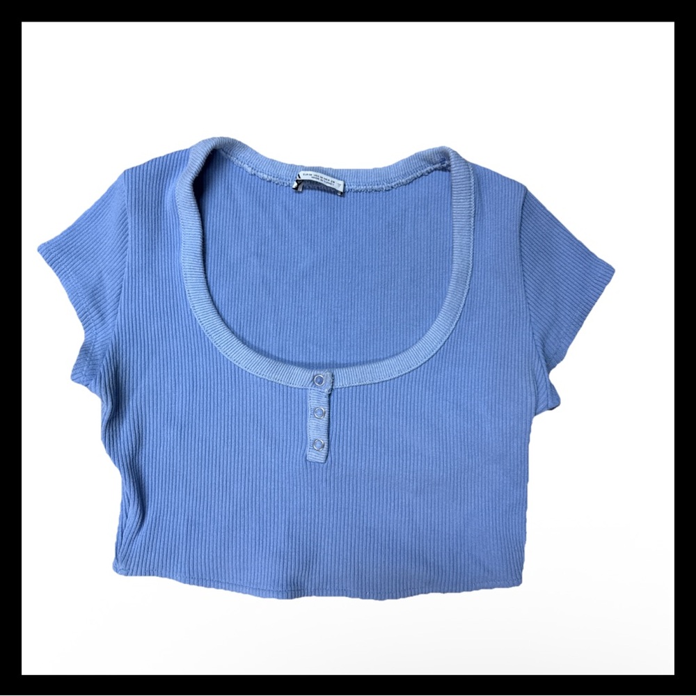 Zara Scoop Neck Basic Ribbed Crop Top Cap Sleeves Stretchy  Blue Color Sz M